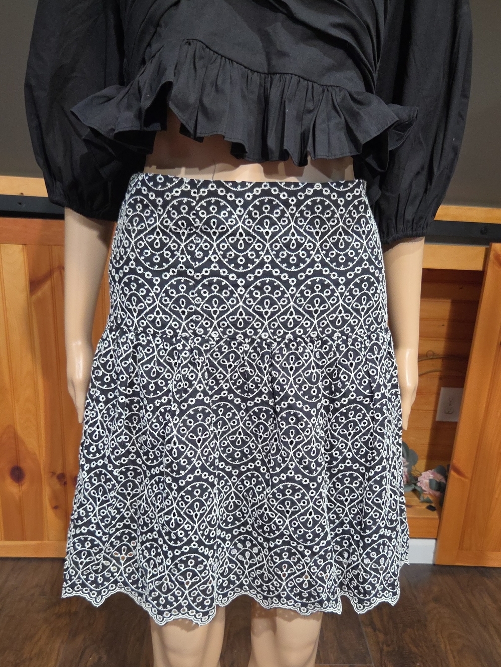 Express Black and White Embroidered Circle Skater Skirt